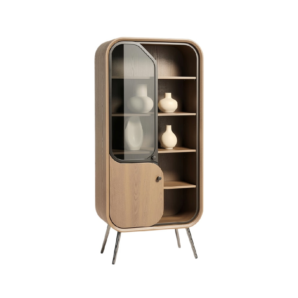 Modern Wooden Display Cabinet with Glass Door and Open Shelves